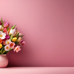 bouquet of flowers on a bright pink background with space for text. template for card, banner.