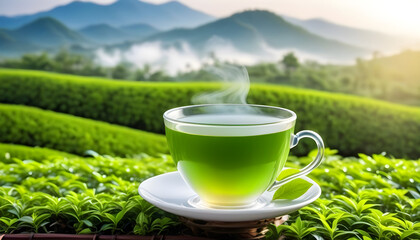 A cup of green tea with steam on a saucer