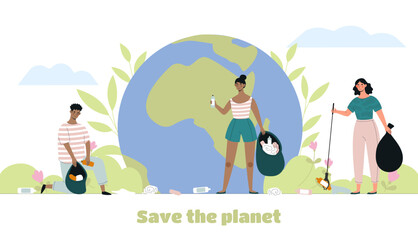 Save planet poster. Eco friendly activists and volunteers. Woman near globe clean trash. Care about ecology and environment. Cartoon flat vector illustration isolated on white background
