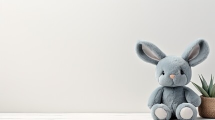 cute blue toy hare on a white wall background, copy space