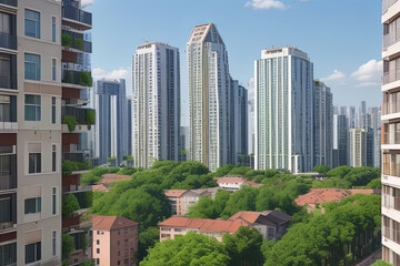 Obraz premium futuristic urban oasis blending nature. Cityscape featuring apartment buildings amid lush green vegetation. Serene view blending city life with nature's touch.