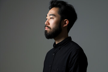 Obraz premium Portrait of young hadsome serious bearded Korean man on the grey background with space for text