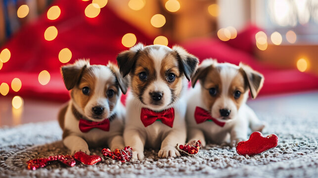 A heartwarming image featuring adorable puppies wearing Valentine's Day accessories like bows and heart-shaped collars, evoking a sense of innocence and love. 