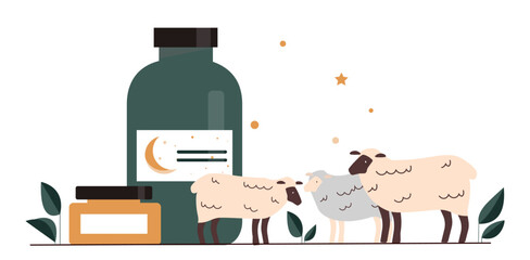 Set of items for sleep. Medicines od melatonin in glass jar with woolen ship. Dream, rest and relax, recuperation. Poster or banner. Cartoon flat vector collection isolated on white background