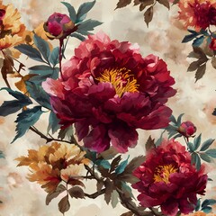 classic watercolor of burgundy peonies flowers seamless pattern