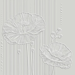 Textured emboss 3d lines poppy flowers striped artistic pattern. Floral embossed  white background. Modern vector backdrop. Line art  flowers, leaves, stripes. hand drawn surface poppies ornaments