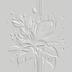 Textured emboss 3d lines bouquet of flowers striped artistic pattern. Floral embossed  white background. Modern vector backdrop. Line art  flowers, leaves, stripes. Hand drawn surface plants ornament - obrazy, fototapety, plakaty