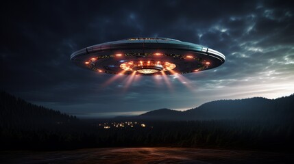 UFO Spaceship Landing in Forest at Night