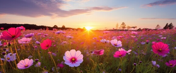 Fototapeta na wymiar Landscape nature background of beautiful pink and red cosmos flower field on sunset