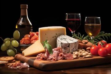 Authentic Italian Culinary Delights. Still Life Composition featuring Parmigiano Reggiano, Parma Ham, and Sparkling Prosecco - A Captivating Feast for the Senses.