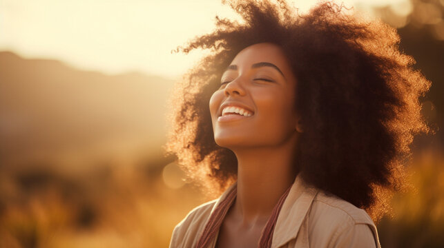 Happy woman enjoying nature. Joyful black girl outdoors breathing fresh air. Healthy lifestyle concept.
