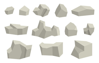 Set of polygonal stones. Graphic elements for games and arcades. Terrain and landscape. Rocks and cliffs elements. Cartoon isometric vector collection isolated on white background