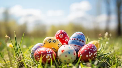 Fotobehang Spring Landscape with Vibrant Meadows and Colorful Easter Eggs Scattered on Lush Green Grass © Игорь Кляхин