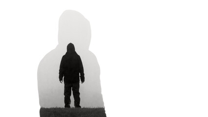A minimal double exposure edit of a eerie spooky hooded figure, back to camera, alone. Standing....