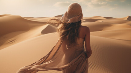 Portrait of young women in desert sand dunes - obrazy, fototapety, plakaty
