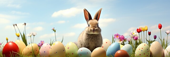 Spring Meadow with Rabbit, Dew Drops and Easter Eggs Against Blue Sky Background