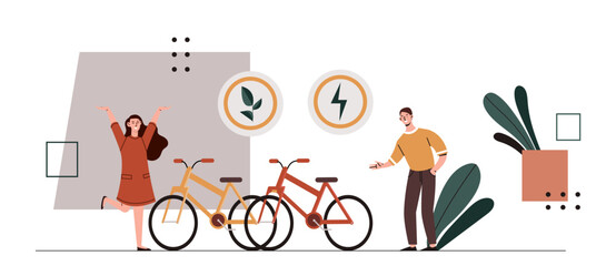 Sustainable transportation concept. Man and woman with bicycle. Eco friendly transport. Care about ecology and environment, nature. Cartoon flat vector illustration isolated on white background