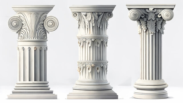 Antique broken Greek columns. Ancient Roman pillar. Building design elements. Cartoon illustration.