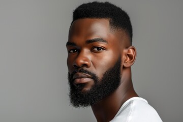 Profile portrait of young hadsome bearded African American man on grey background with copy space - obrazy, fototapety, plakaty
