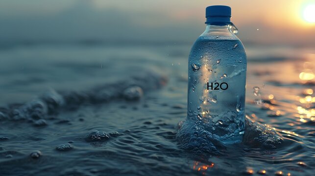A clear, reusable water bottle filled with fresh water, labeled with the chemical formula H2O to represent a hydration concept, emphasizing the importance of drinking water for health.