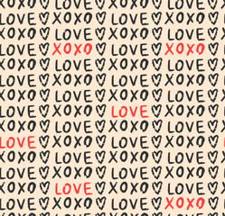Cute xoxo and love type seamless vector hand drawn pattern. Hearts background for valentines day and weddings - 703870777