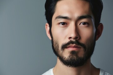 Portrait of young hadsome serious bearded Japanese man on the grey background with space for text