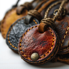 Brown leather label round shape with stitches. Leather patch with seam.