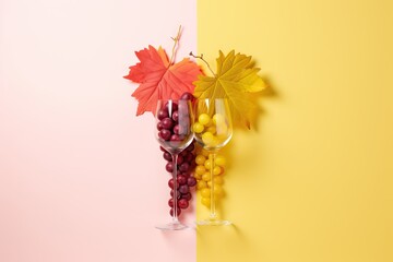 Glasses of red or rose and white wine with fall grapes for gourmets. Most popular wine varieties of...