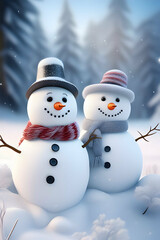 Two cute snowmen in bobble hats and scarfs in a winter forest. Family and friends concept