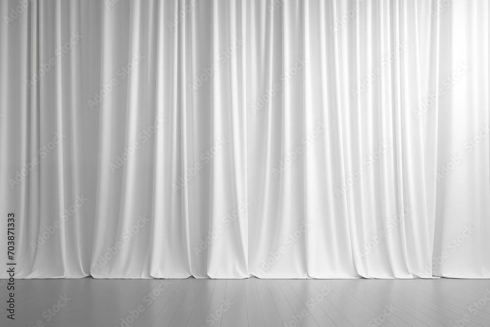 Sticker Empty white room with large white curtains, minimal style.