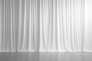 Empty white room with large white curtains, minimal style. - obrazy, fototapety, plakaty