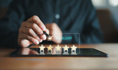 Customer Experience Concept. Man hand showing on five star excellent rating on background, copy space
