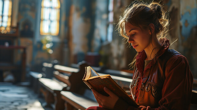 Woman Reading Bible in Church