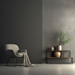 A modern living room with a gray armchair and a plant