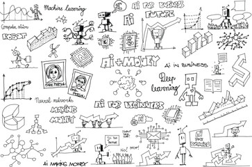 hand drawn architectural sketches of artificial intelligence topics and robots and network strucures and ai in finance and money and arrows