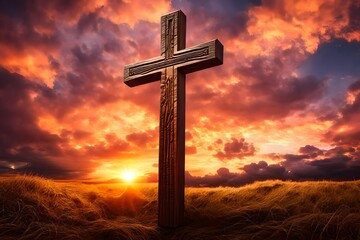 A serene image featuring a wooden Christian cross beautifully crafted against the backdrop of a vivid sunset sky,  - obrazy, fototapety, plakaty