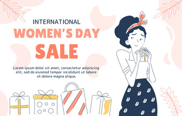 International womens day sale. Marketing and advertising. Discounts and promotions. 8 march, sisterhood and feminism. Electronic commerce and shopping. Doodle flat vector illustration