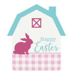 Happy easter, bunny with a farm house.