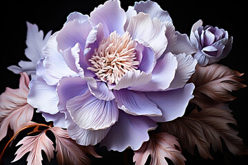 A close up of a flower on a black background.