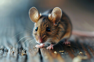 Tiny brown mouse on a wooden floor close up