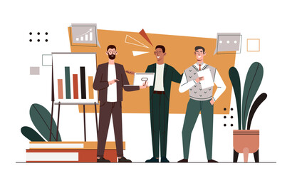Obraz premium Successful team work concept. Man stands near graphs and diagrams. Statistics and infographics. Partners and colleagues work at common business project or startup. Cartoon flat vector illustration