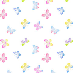 Fototapeta premium Butterfly pattern, background with colorful butterflies, fabric pattern, background with butterflies, wallpaper, pastel, insects, watercolor illustration