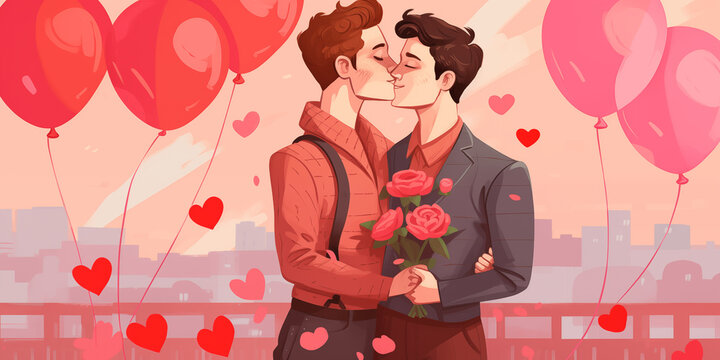 Gay coulple fell in love with hearts in the background and kiss