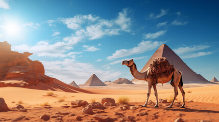 Camel in Sahara standing in front of pyramids  - obrazy, fototapety, plakaty