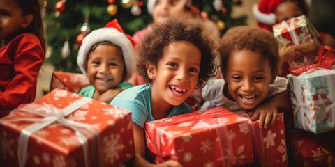 Fototapeta na wymiar Joyful Children Celebrating Christmas with Gifts and Smiles. Generative ai