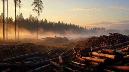 Dawn of Renewal: Forest Logging Site - obrazy, fototapety, plakaty