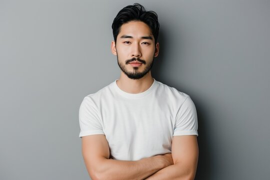 Portrait of young hadsome serious bearded Korean man with crossed arms on the grey background