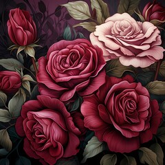 burgundy roses flowers luxury seamless pattern in classic dark style