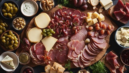 An overhead shot of a charcuterie board, an assortment of cured meats, cheeses, and pickles