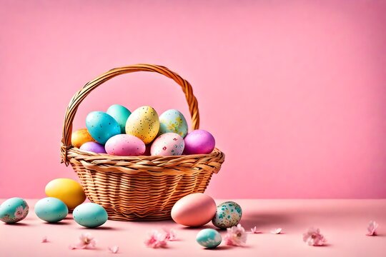 A delightful image showcasing a basket brimming with colorful Easter eggs placed on a table,